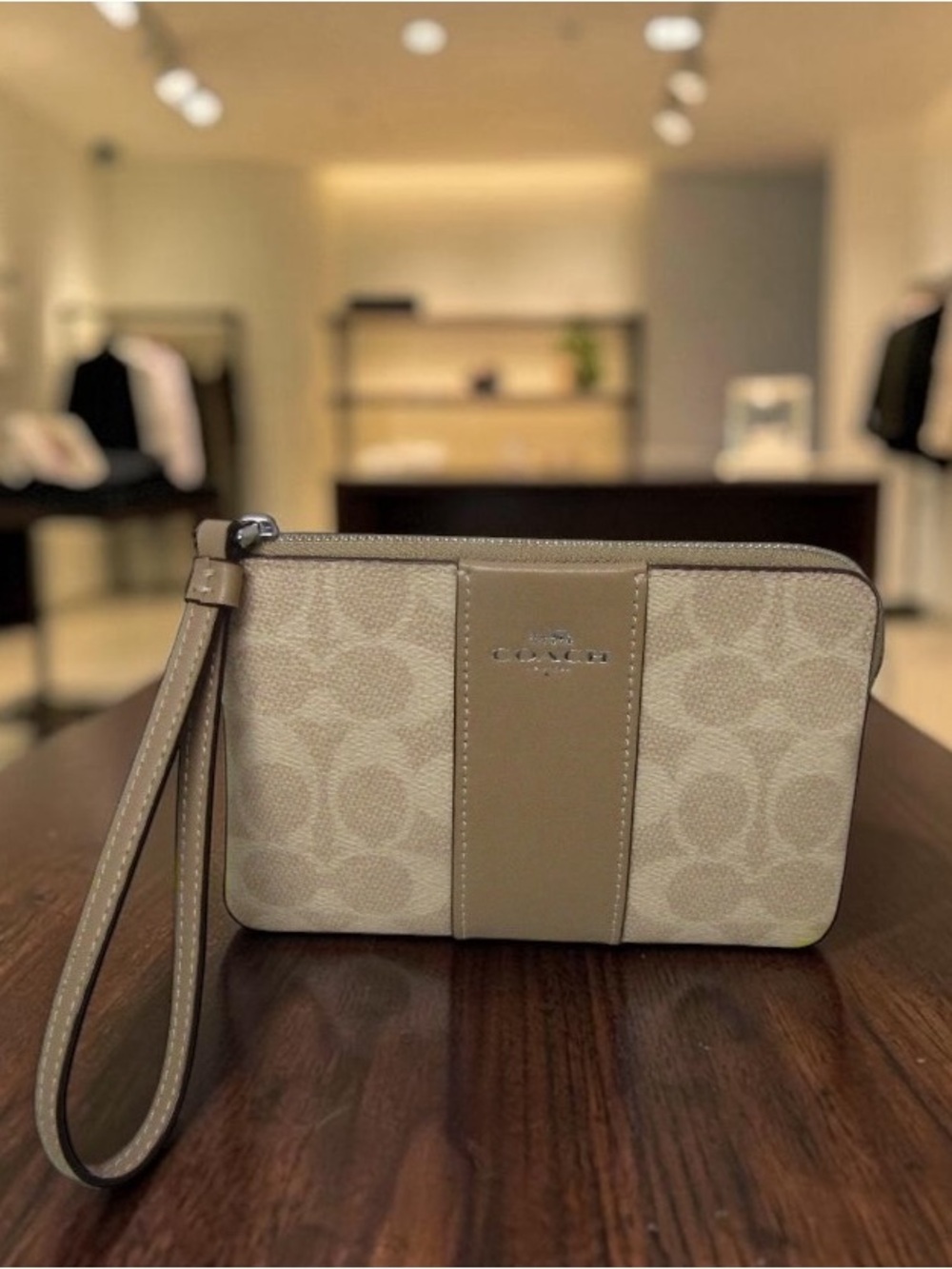 Authentic Coach Signature Canvas Corner Zip Wristlet Khaki Taupe Leather Stripe